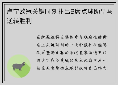 卢宁欧冠关键时刻扑出B席点球助皇马逆转胜利