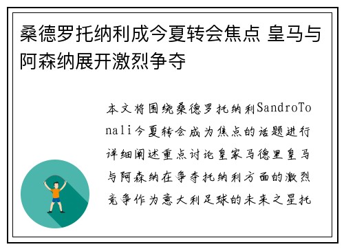 桑德罗托纳利成今夏转会焦点 皇马与阿森纳展开激烈争夺 桑德罗托纳利成今夏转会焦点 皇马与阿森纳展开激烈争夺